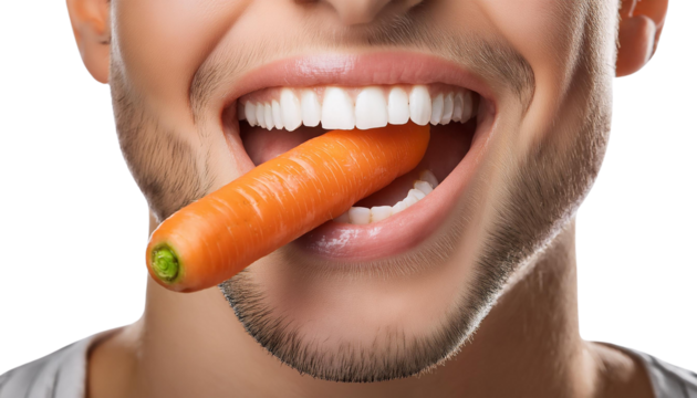 A smiling man enjoys a fresh carrot, showcasing healthy eating habits and vibrant lifestyle.