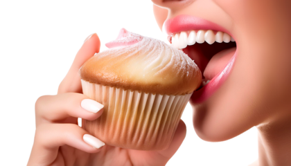 A woman enjoying a delicious cupcake, highlighting the tempting frosting and joyful moment of indulgence.