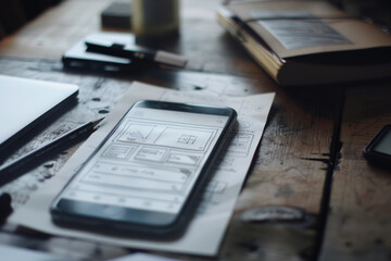 A smartphone with wireframe sketches of design layouts sits on a wooden desk amid a creative workspace environment.