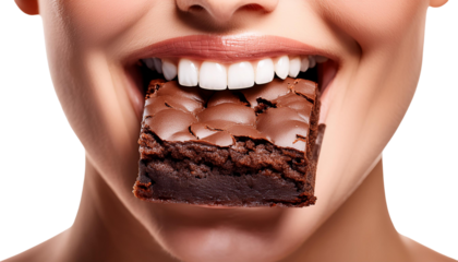 Close-up of a smiling woman enjoying a rich chocolate brownie, highlighting happiness and indulgence.