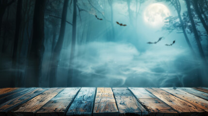 wooden table top with foggy forest and flying bats in the background, full moon, halloween mood, horror style for product display presentation
