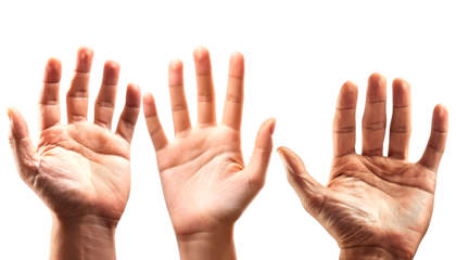 Close-up view of three diverse hands showing various skin tones and textures, symbolizing diversity and human connection.