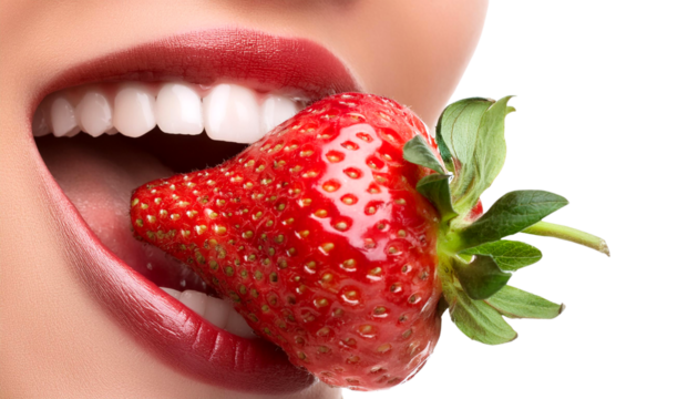 A woman playfully bites into a fresh strawberry, showcasing her bright smile and vibrant lips, perfect for food and lifestyle themes.