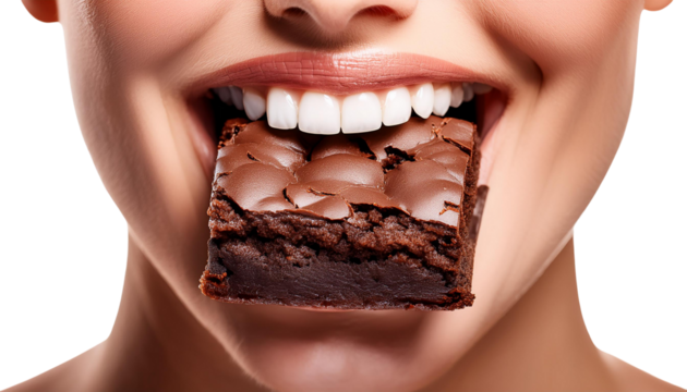 Close-up of a smiling woman enjoying a rich chocolate brownie, highlighting happiness and indulgence. - Powered by Adobe