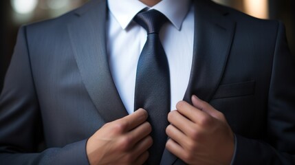 Businessman in suit adjusting tie 