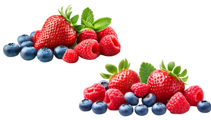 Obraz premium Fresh assortment of strawberries, blueberries, and raspberries, perfect for healthy recipes or fruity desserts.