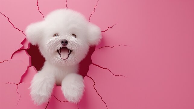 Bichon friese breaking through a hole in the wall. Creative dog banner