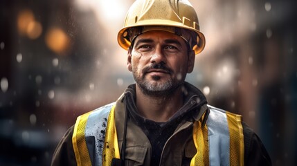 Fototapeta premium Construction worker with hard hat and vest 