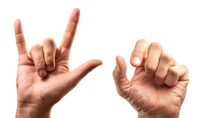 Two hands performing sign language gestures, symbolizing love and communication. Ideal for educational and awareness content.