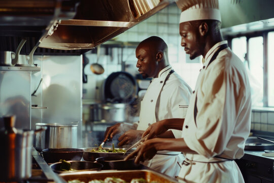 Two dedicated chefs skillfully cooking in an organized kitchen, the atmosphere alive with creative energy and culinary excellence.