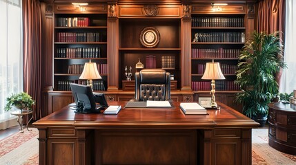 Professional Elegance: A formal office setup with a large mahogany desk, leather-bound books, and an elegant chair. This setting exudes professionalism and is ideal for a corporate environment.