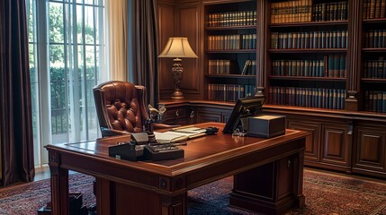 Obraz premium Professional Elegance: A formal office setup with a large mahogany desk, leather-bound books, and an elegant chair. This setting exudes professionalism and is ideal for a corporate environment.