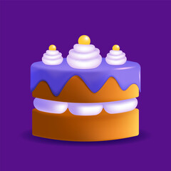 3d cartoon cake with icing, cream, candies. Birthday, wedding sweet food. 3d cake made with Mesh tool. Vector realistic illustration.