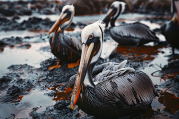 A close-up of a pelican in an oil-polluted wetland, its feathers matted with oil and a somber look on its face, symbolizing the impact of environmental disasters.