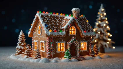 Gingerbread house with lights, decorated with candy