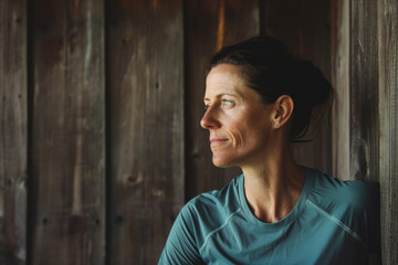 Fototapeta premium A contemplative woman in a blue shirt stands against a rustic wooden backdrop, gazing thoughtfully into the distance with a serene expression.