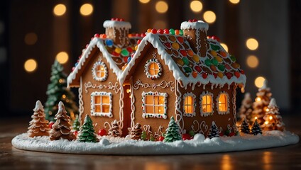 Fototapeta premium Gingerbread house with lights on, surrounded by small trees and snow.