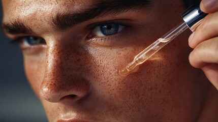 Close-up of a young man with freckles applying serum with a dropper to his face, focusing on skincare and beauty routines.
