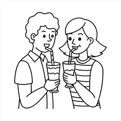 A couple sharing a milkshake with two straws line art vector