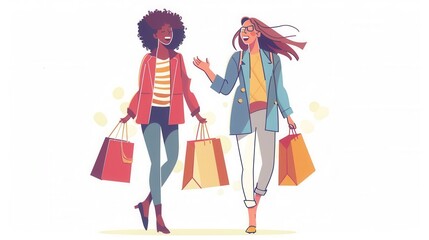 Vector illustration of females shopping over white background