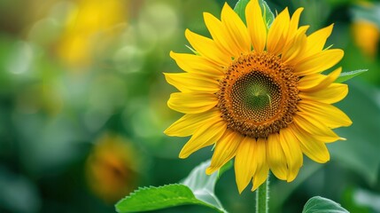 Obraz premium A vibrant flower background featuring a close-up view of a blooming sunflower, with its bright yellow petals and intricate details in the center, set against a blurred green field, creating a