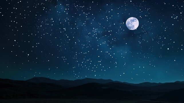 A night starry sky background featuring a vast expanse of dark sky filled with countless stars, a bright full moon illuminating the landscape below, and a silhouette of mountains in the distance,
