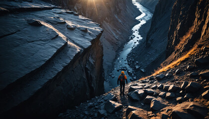 Fototapeta premium Cliff Enigmas in Rainy Winter: The Pathfinder's Sojourn Surrounded in Landslide