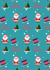 Christmas and New Year seamless pattern with Santa Claus and Christmas tree on the blue background.