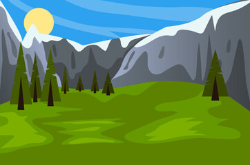 Summer nature landscape with green grass, fir trees on a meadow at the foot of high mountains. Cartoon warm vector panoramic landscape with meadow near hills, blue sky with clouds.