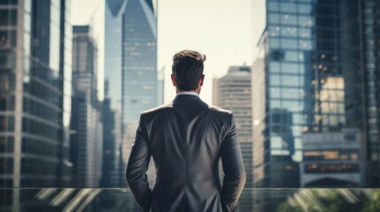  man in a suit against the backdrop of a skyscraper. 