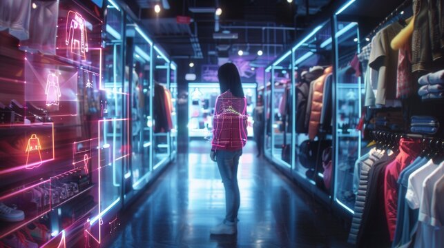 Female shopping in virtual reality world. Futuristic shopping concept.