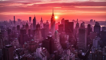 Obraz premium New York City Manhattan downtown skyline panorama at sunset with skyscrapers.