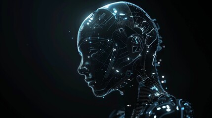 Obraz premium Abstract wireframe hologram of a female humanoid robot with digital data connections on a dark background, symbolizing artificial intelligence. Includes copy space for text.