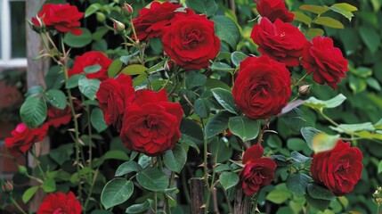 Climbing rose Don Juan with large red petals can grow singly or in a cluster