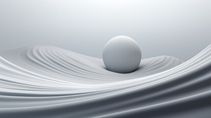 A single white sphere rests on a wave of flowing white fabric. Minimalist, abstract design.