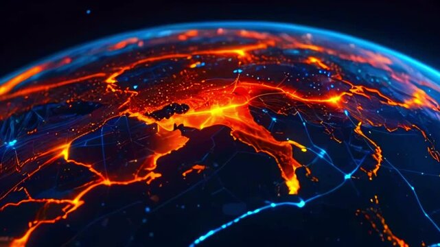 This is a digital video of the Earth with glowing red and blue lines showing connections and activity.