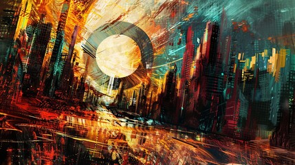 Obraz premium Abstract cityscape with a large glowing orb in the sky. The painting is done in vibrant colors and dynamic brushstrokes.