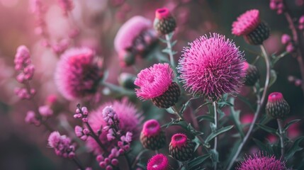 Fototapeta premium Close up of pink milk thistle flowers and their medicinal uses