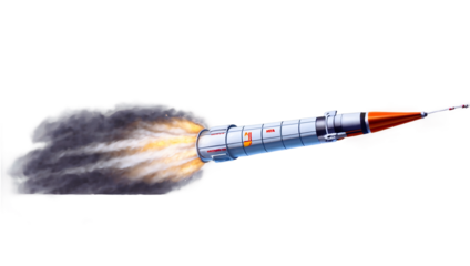 Rocket launch with fire and smoke trail isolated on white