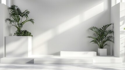 Fototapeta premium Minimalist white room with two potted plants and a platform, bathed in sunlight. Perfect for product display or design mockups.