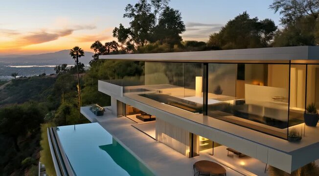 A modern luxury home with large glass walls, an infinity pool, and expansive views of a valley at sunset. The multilevel structure is surrounded by lush greenery.