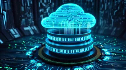 This video shows a cloud computing system with a glowing cloud and servers.