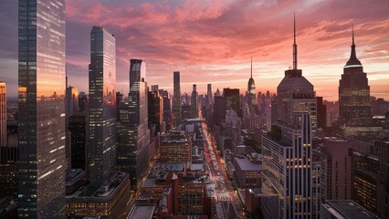 Naklejka premium New York City Manhattan downtown skyline panorama at sunset with skyscrapers.