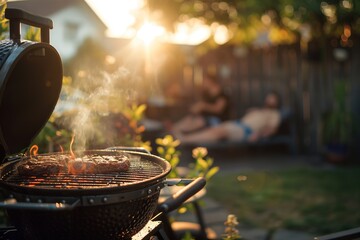 Backyard BBQ grill with steaks, smoke, sunset, and relaxing pers