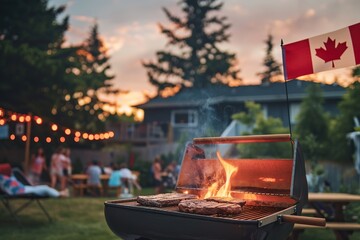 Backyard BBQ with family gathering and Canadian flag