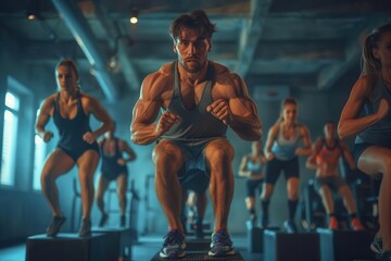 Realistic gym scene with people doing box jumps in a cross-training class high-definition detail