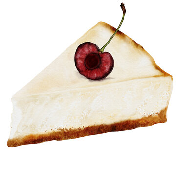 recommend clip art: Cheesecake. Watercolor illustration of New York cheesecake on isolated white background. A piece of cottage cheese pie decorated with berries. Ideal for coffee shop, pastry shop menu and logo