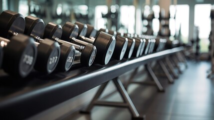 Fototapeta premium Close-up of Dumbbells in a Gym Rack with Blurred Background