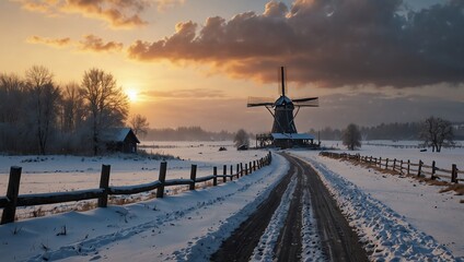 A snowy landscape with a windmill in the distance, a wooden fence, a road, and a sunset