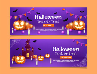 Horizontal party banner template for halloween trick or treat. EPS 10 vector illustration